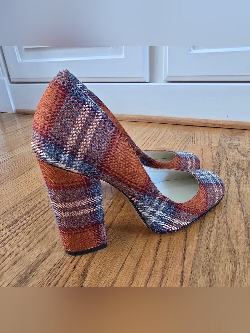 Bettye Muller Orange and Gray Plaid Block Heel Pumps - Picture 5 of 12